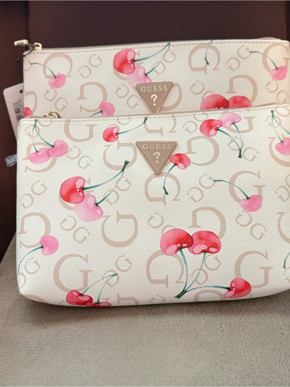 GUESS Cherry Print Cosmetic Pouch in White, Pink & Red